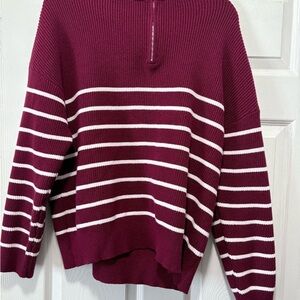 LILLUSORY Women's Red and White Striped Sweater Half Zip